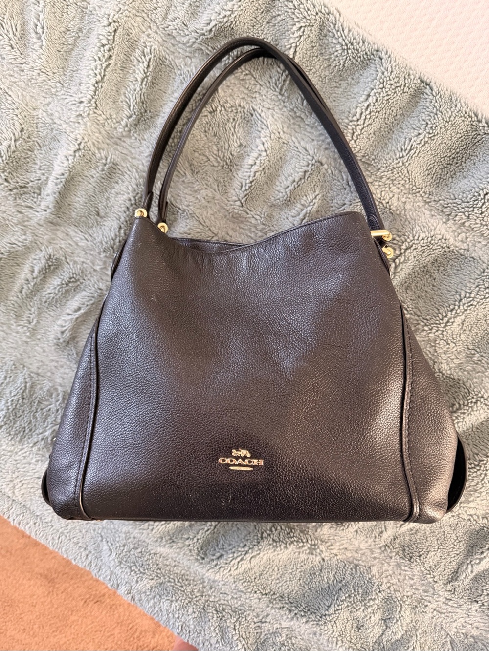 Coach Dark Black Pebbled Leather Shoulder Bag with Gold Hardware